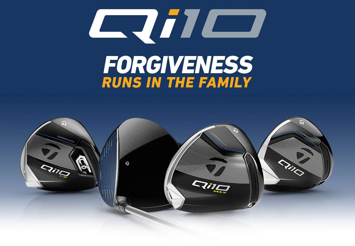 Qi10 Forgiveness Runs in the Family test in white, grey and yellow over a navy blue background with Qi10 LS, Qi10 Max and Qi10 Drivers laid down next to each other