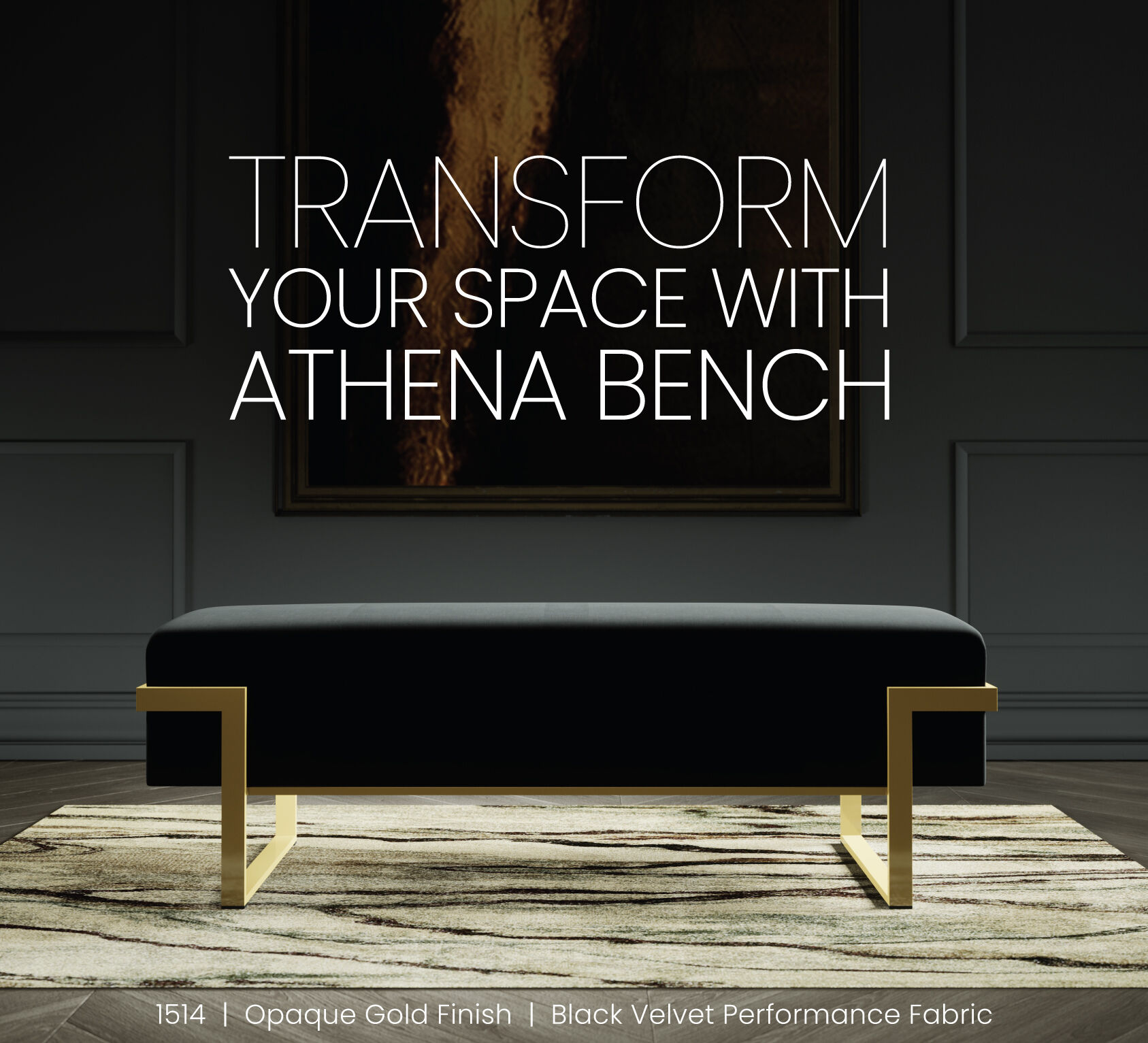 Wesley Allen Athena Bench in Opaque Gold finish with Black Velvet Performance fabric