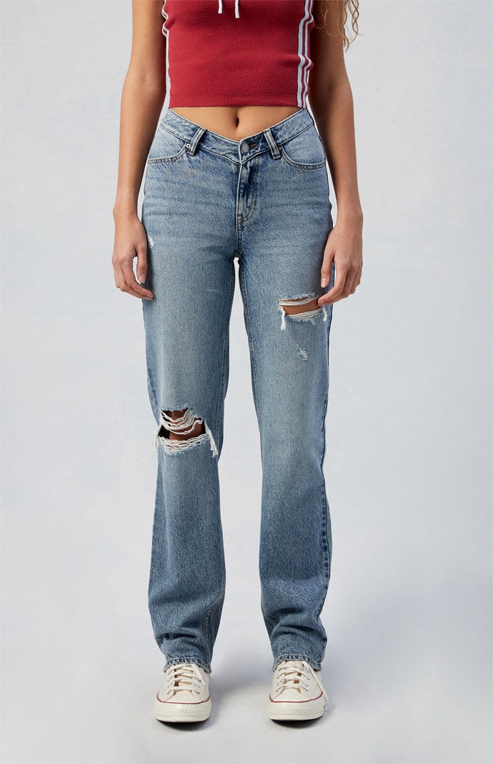 Image: Eco Medium Indigo Ripped V Dip '90s Boyfriend Jeans