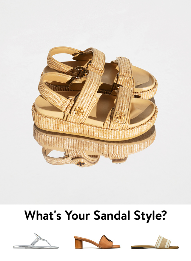 Four styles of Tory Burch sandals.