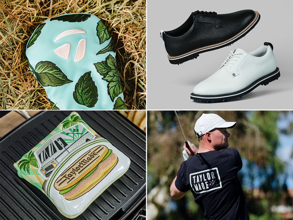 Grid image of the Mint Driver Headcover, Gallivanter Footwear, Cubano Headcover and golfer wearing Golf Cross T-Shirt