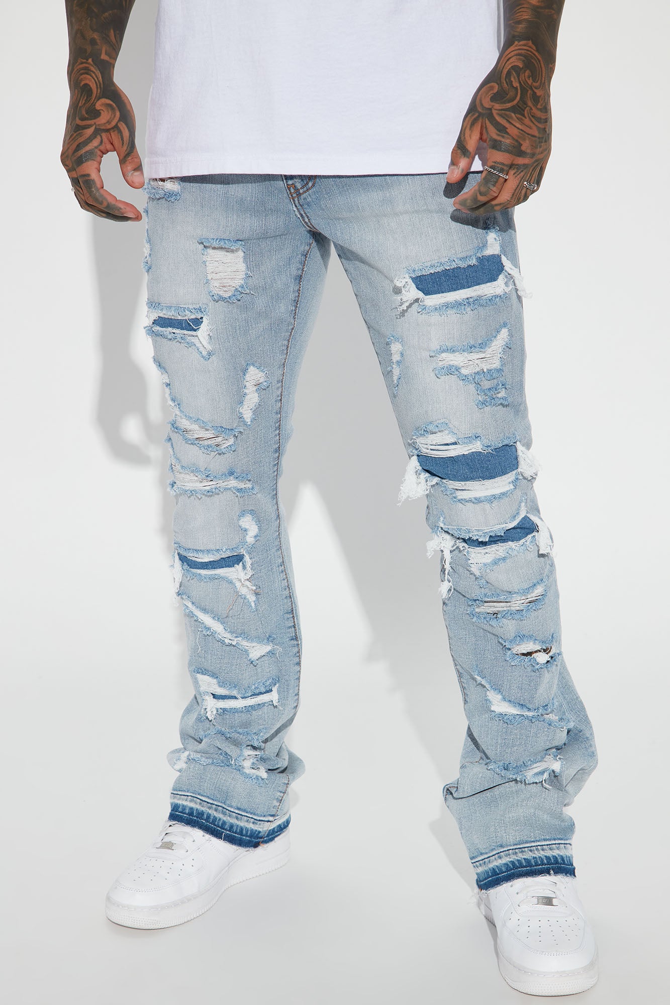 Image of Through It Ripped Skinny Flared Jeans - Vintage Blue Wash