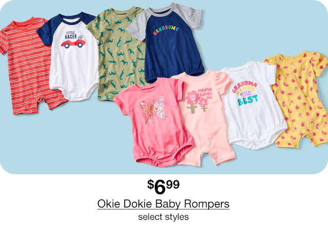 $6.99 Okie Dokie Rompers, select styles