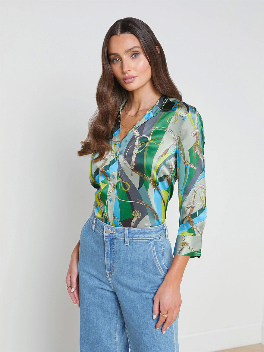 Image of L'Agence Dani Blouse in Sea Green Multi Belt