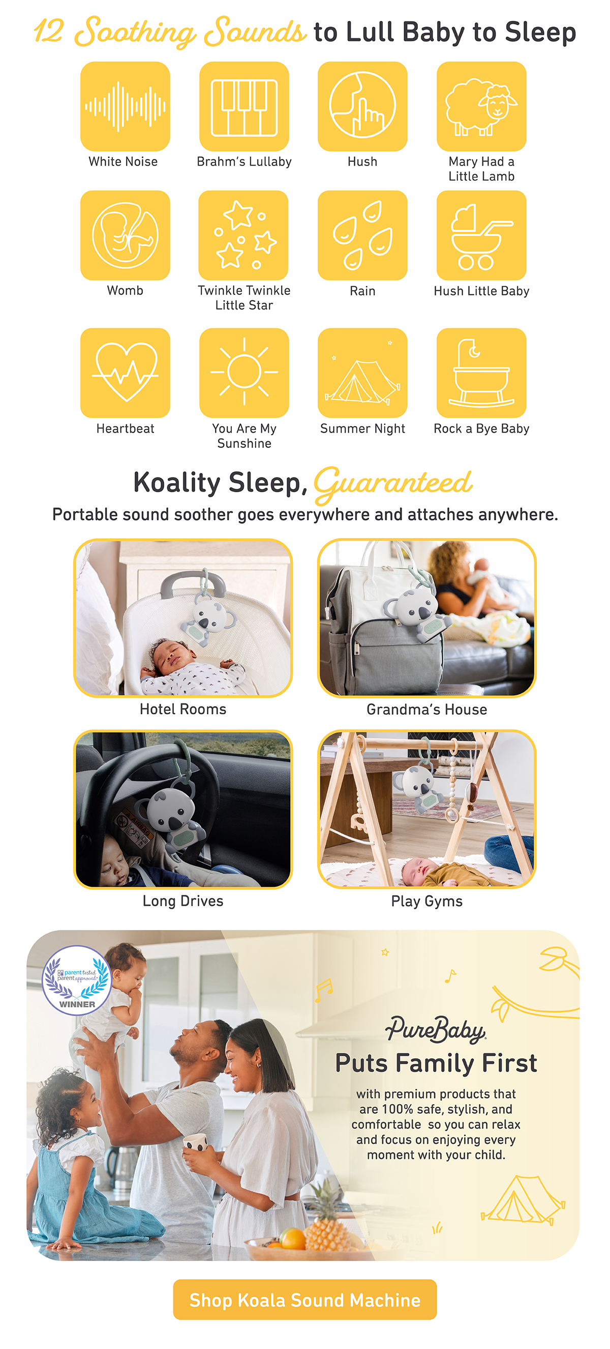 Koality Sleep, Guaranteed - Portable sound soother goes everywhere and attaches anywhere.