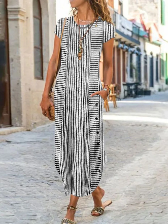 Women Striped Crew Neck Short Sleeve Comfy Casual Buckle Maxi Dress