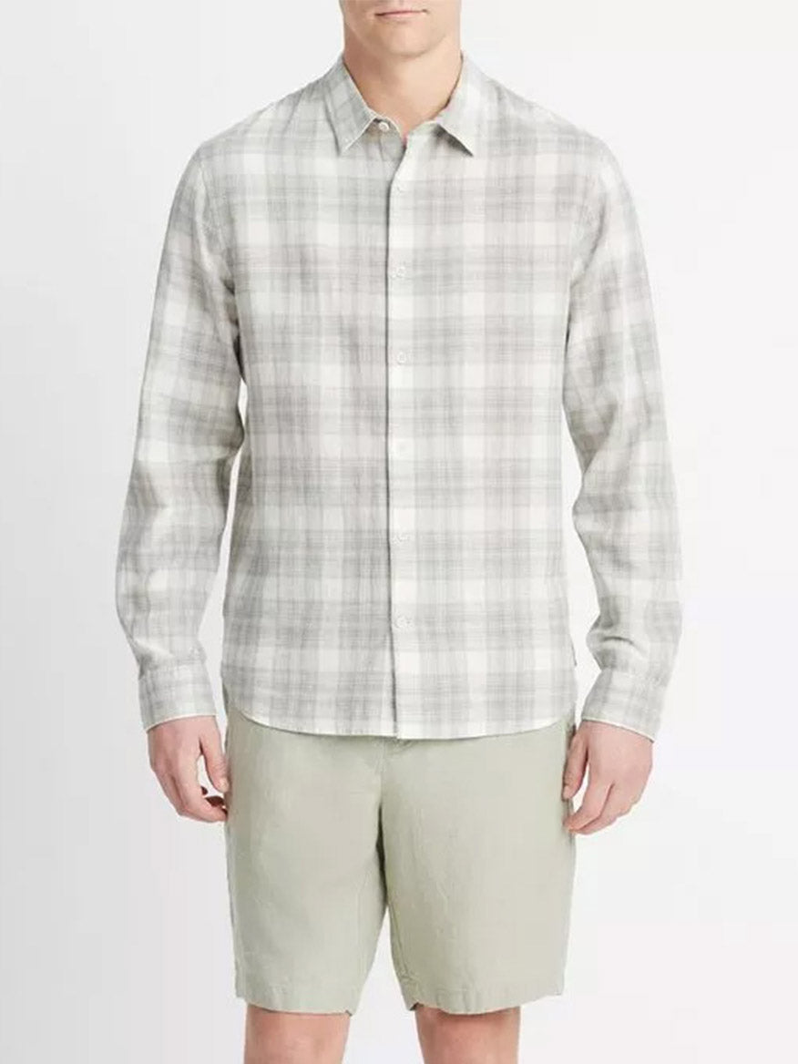 Image of Vince Salton Plaid Long-Sleeve Shirt in Alabaster/Dried Cactus