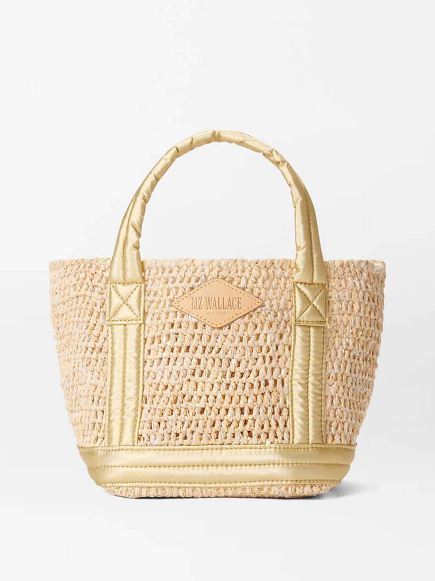 Image of MZ Wallace Mini Raffia Tote in Sequin Raffia/Light Gold Pearl Metallic