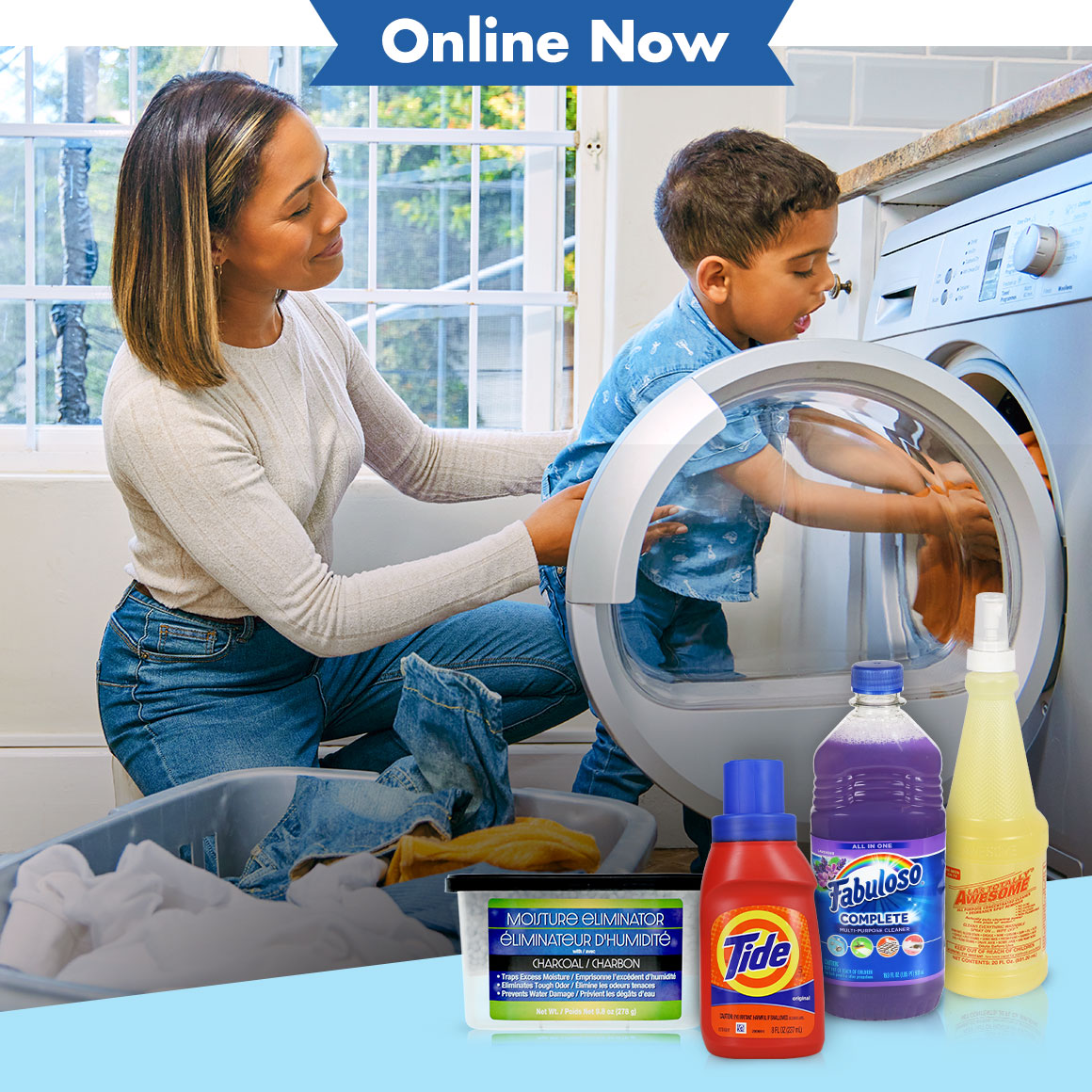 Mom and her son taking laundry out of a dryer with cleaning products featured