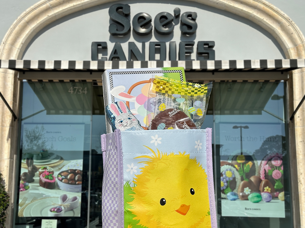 Shopping Bag Full of Easter Treats in Front of a  See’s Candies Shop