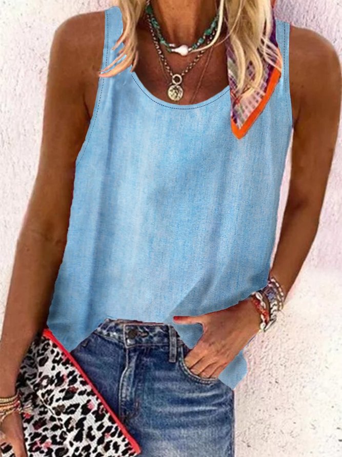 Crew Neck Loose Denim Tanks &...