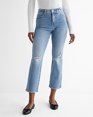 high waisted light wash ripped straight ankle jeans