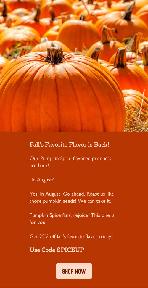 Fall's Favorite Flavor is Back! Our Pumpkin Spice flavored products are back! "In August?" Yes, in August. Go ahead. Roast us like those pumpkin seeds! We can take it. Pumpkin Spice fans, rejoice! This one is for you! Get 25% off fall's favorite flavor today! Use Code SPICEUP . Click here to shop now!