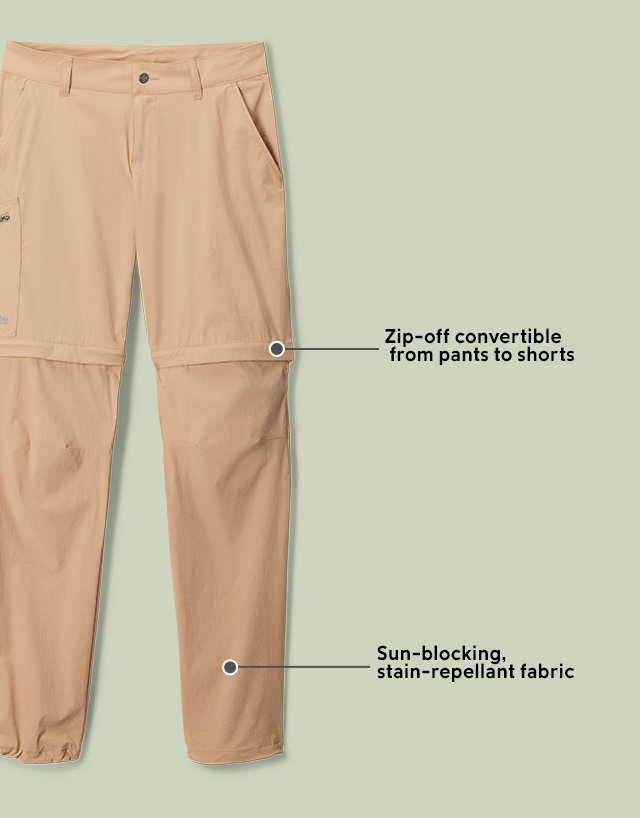 Close-up of Summit Valley convertible pants. Zip-off convertible from pants to shorts. Sun-blocking, stain-repellant fabric