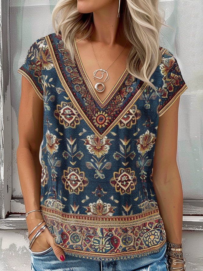 V Neck Short Sleeve Ethnic Regular Micro-Elasticity Loose Shirt For Women