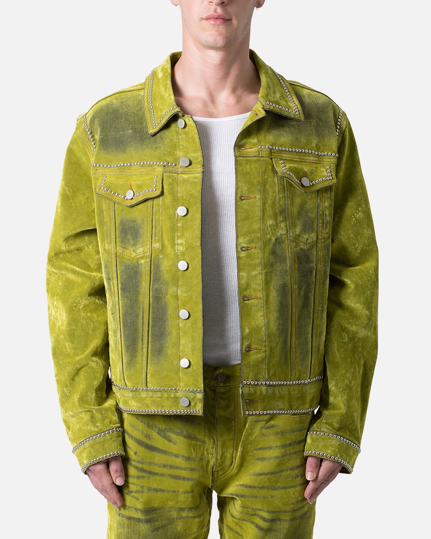 Image of MNML Studded Suede Denim Jacket Green