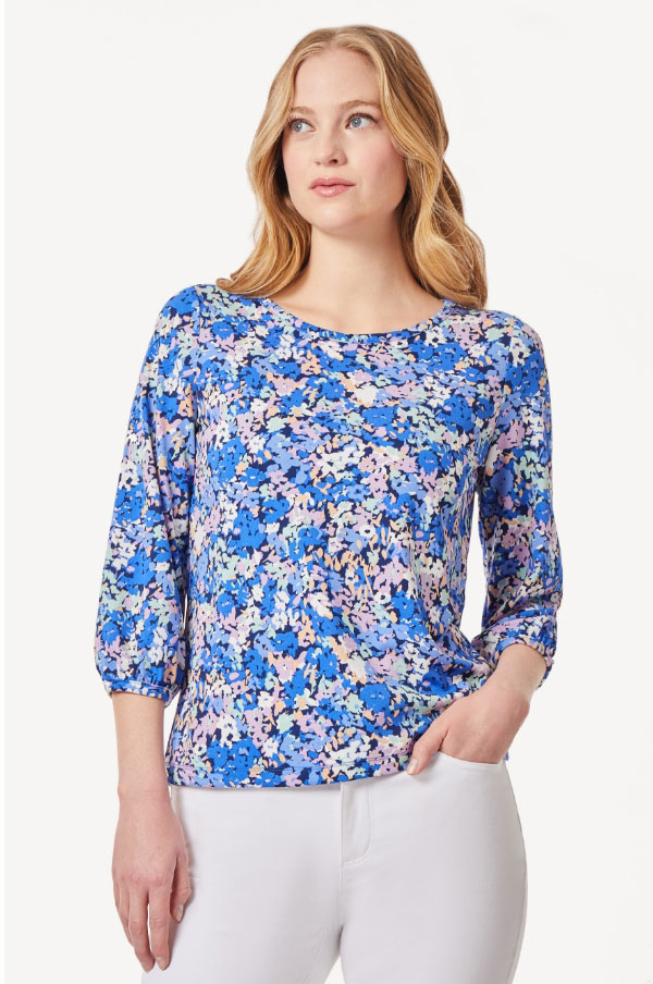 Printed Moss Crepe Puff Sleeve Top