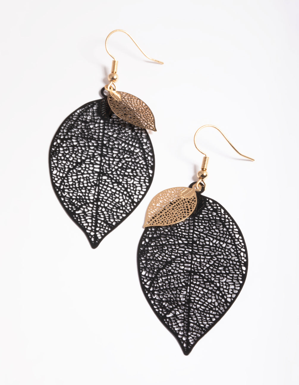 Image of Black Double Leaf Drop Earrings