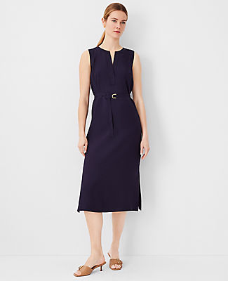 Split Neck Belted Midi Dress