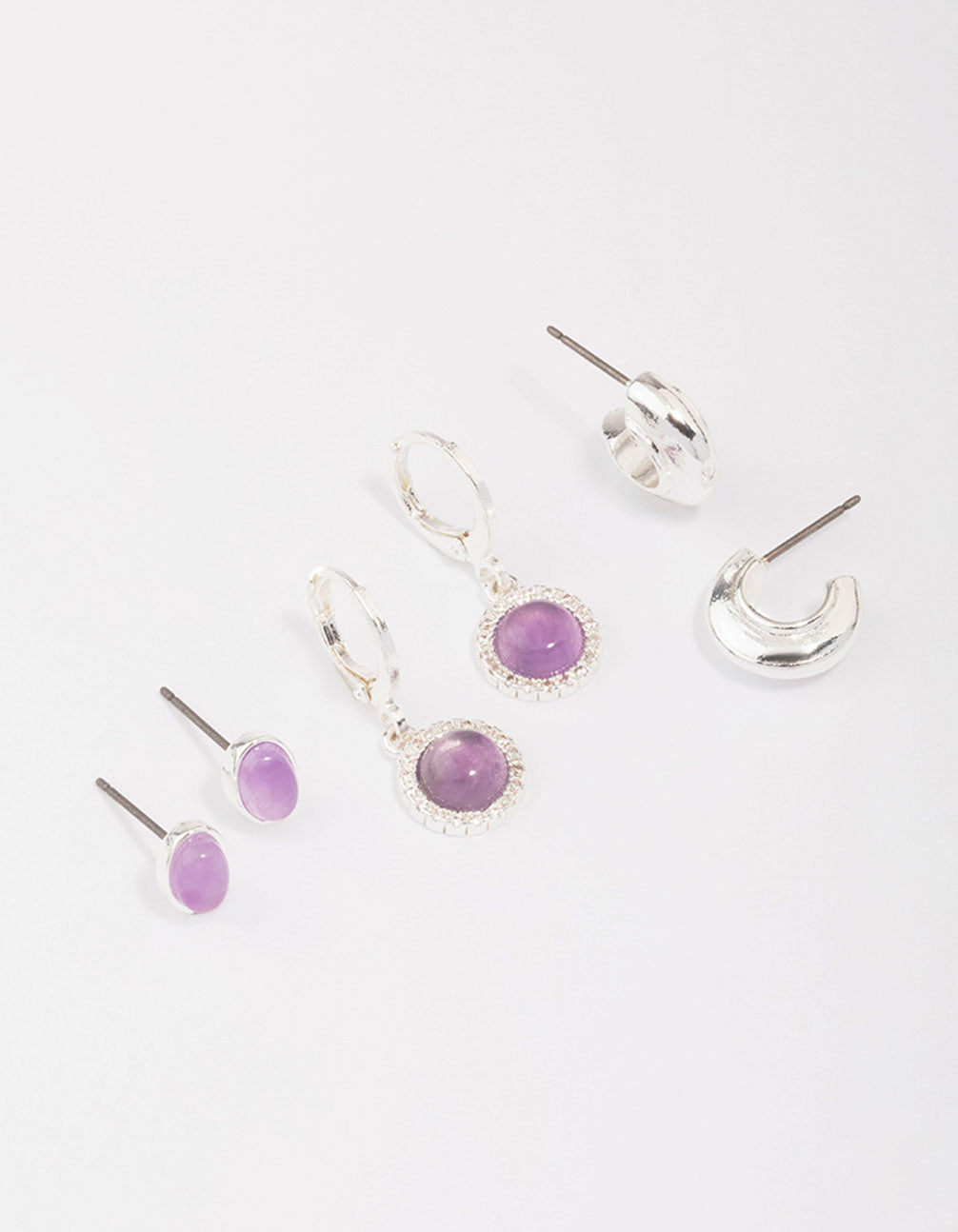 Image of Silver Plated Round Amethyst Earring 3-Pack