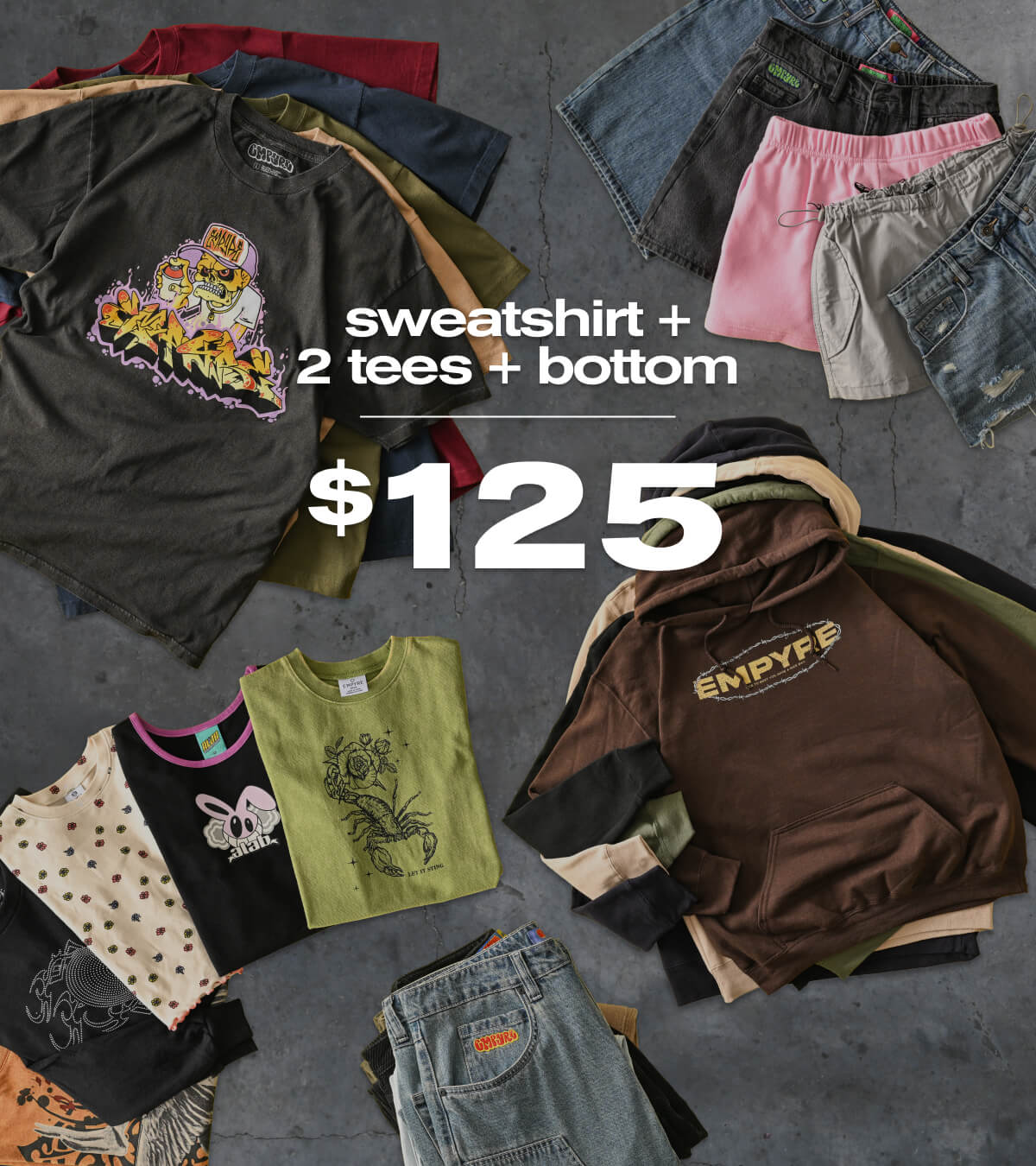 A sweatshirt, two tees, and a bottom for $125