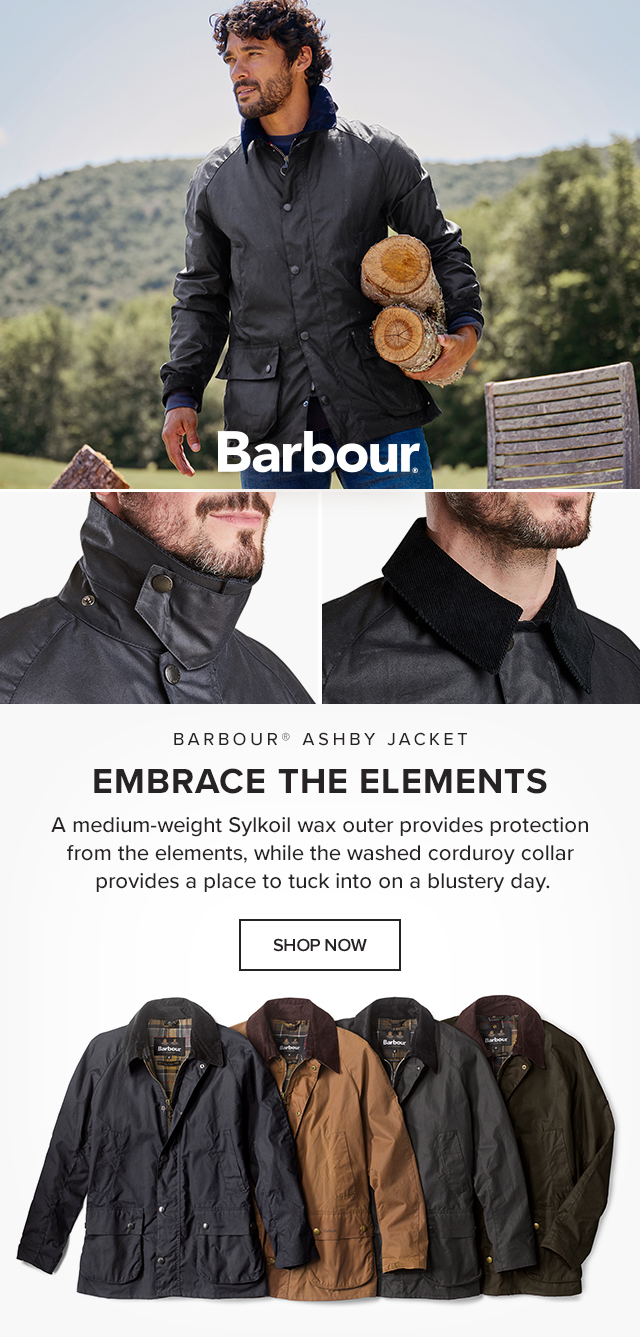 Barbour® Ashby Jacket Embrace the Elements A medium-weight Sylkoil wax outer provides protection from the elements, while the washed corduroy collar provides a place to tuck into on a blustery day.