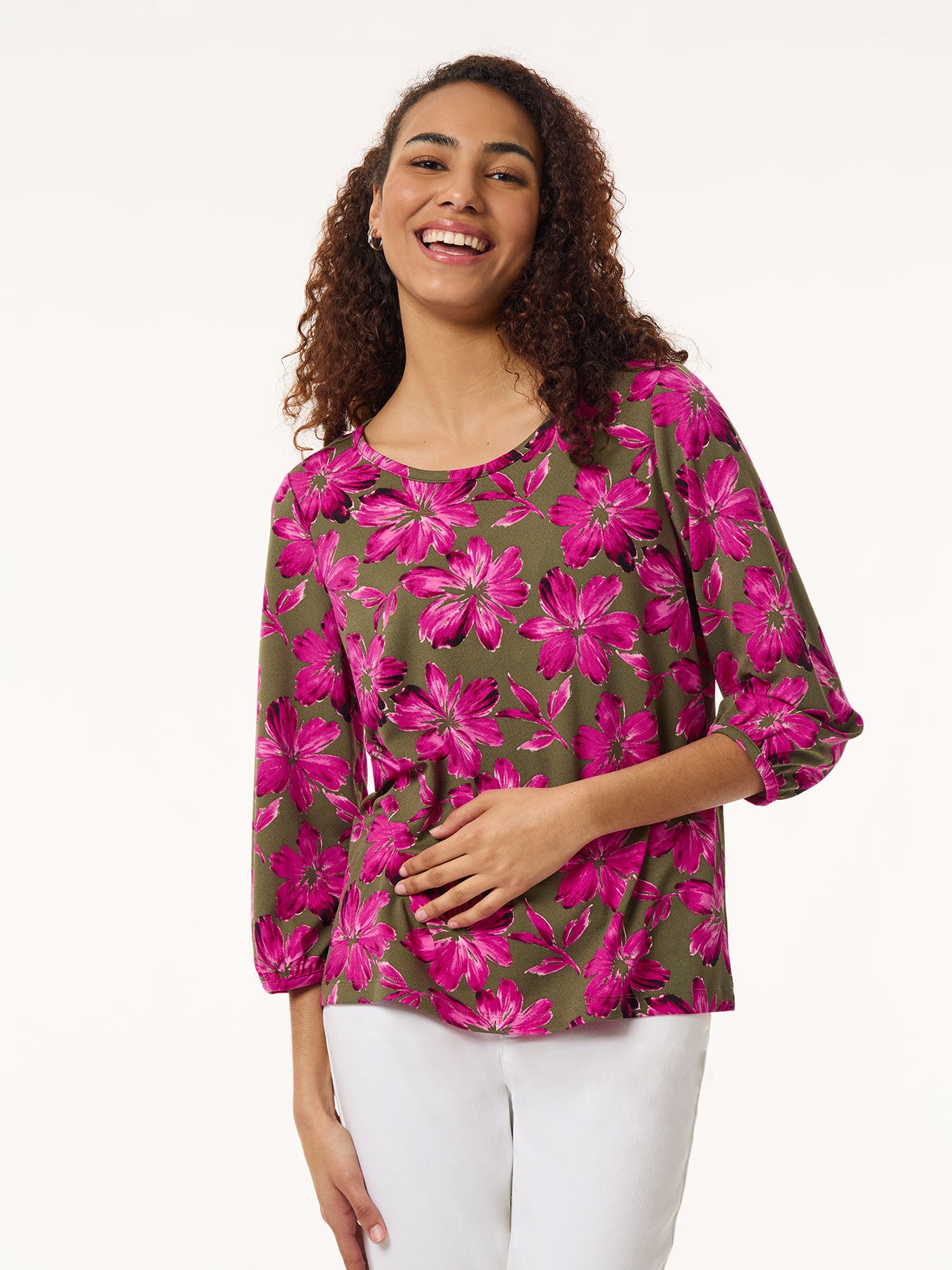 Image of Floral Puff Sleeve Top, Moss Crepe