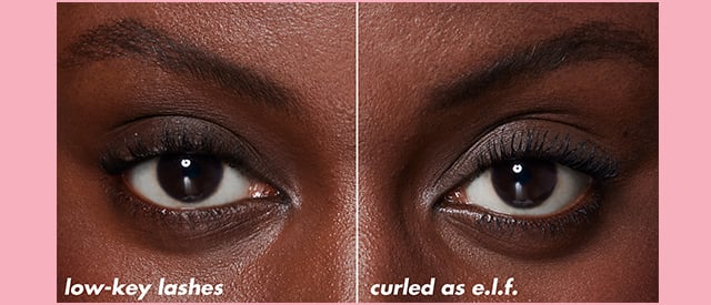 model with naturally curl-resistant lashes wears lash n roll mascara, giving her a curled as e.l.f. look