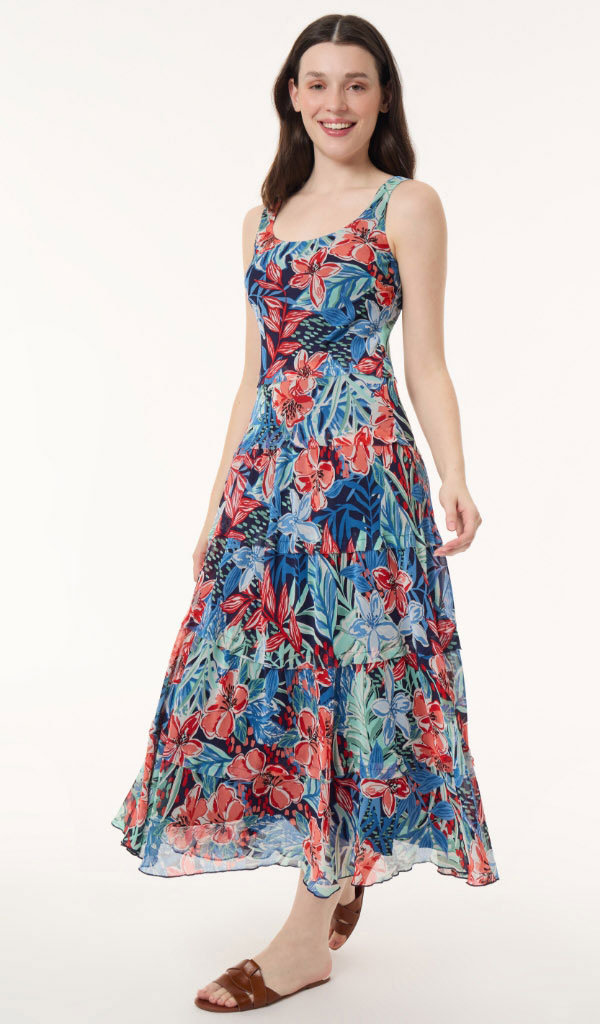 Maxi Multi-Tiered Dress, Printed Chiffon