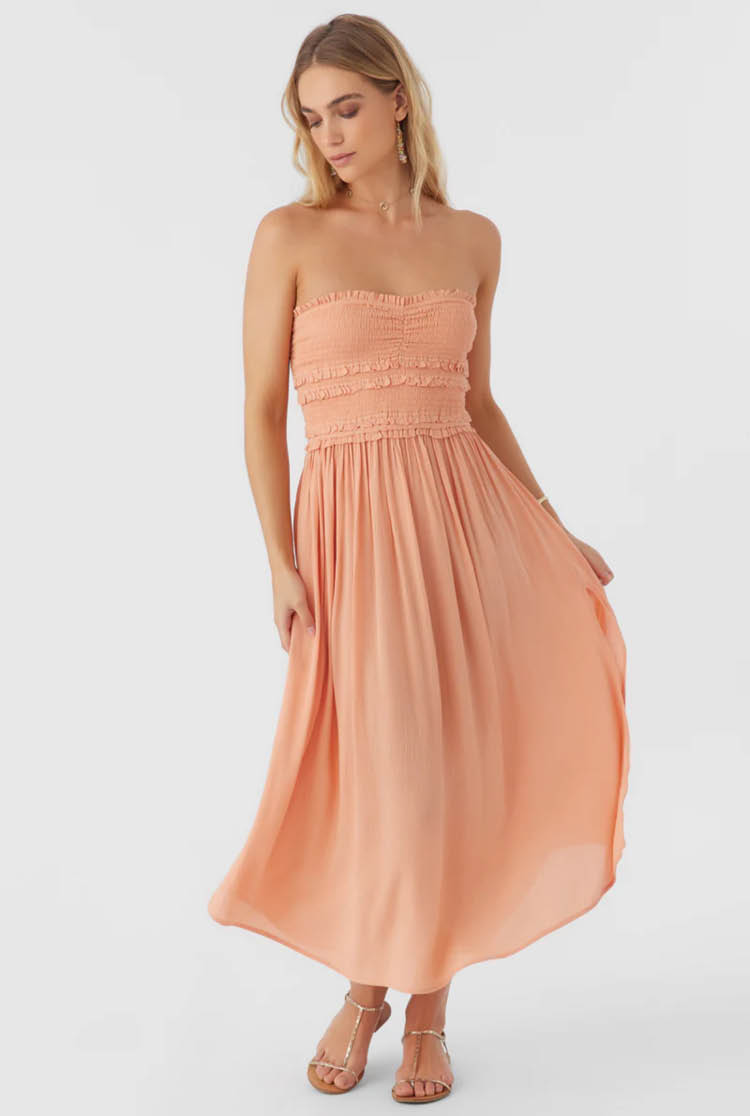 DEVYN SMOCKED STRAPLESS MIDI DRESS