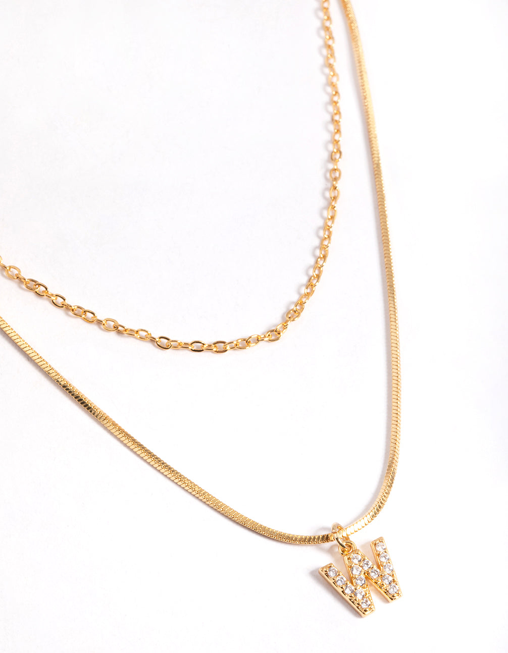 Image of Letter W Gold Plated Layered Diamante Initial Necklace