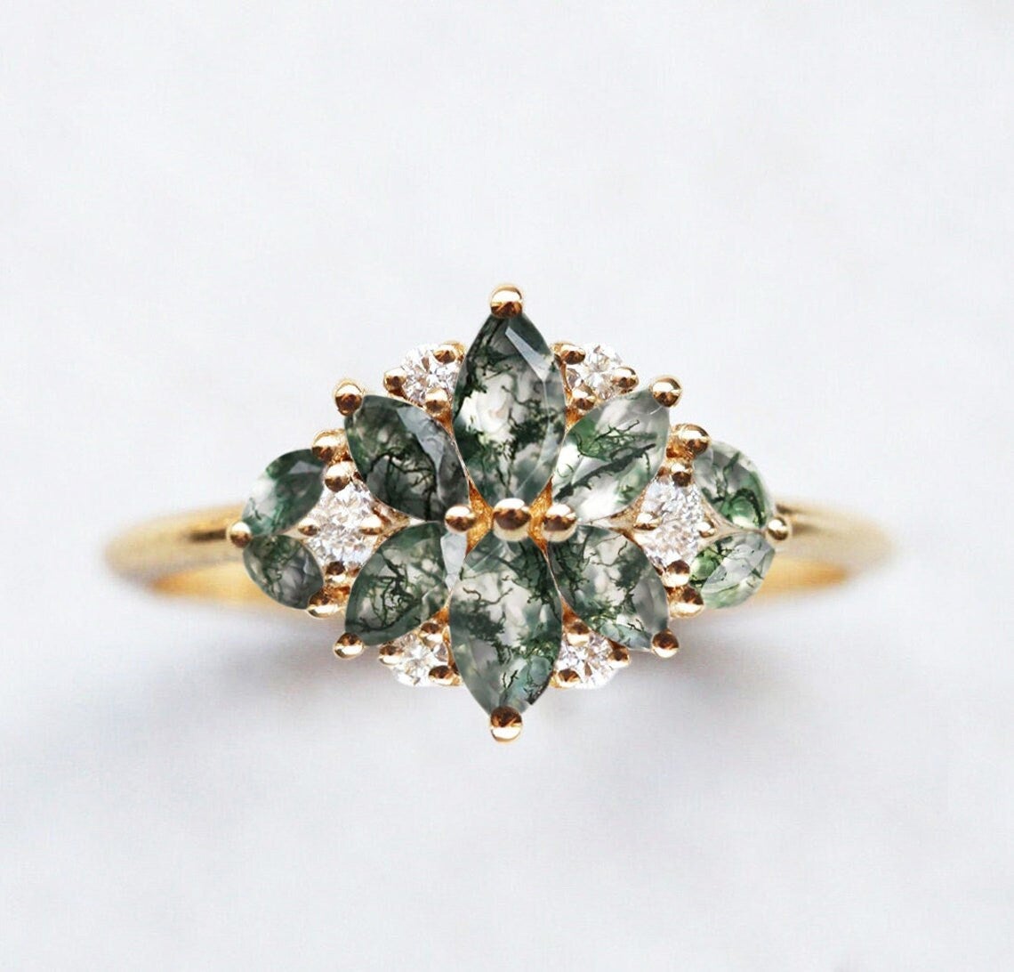 Image of Beatrice Moss Agate And Diamond Cluster Ring