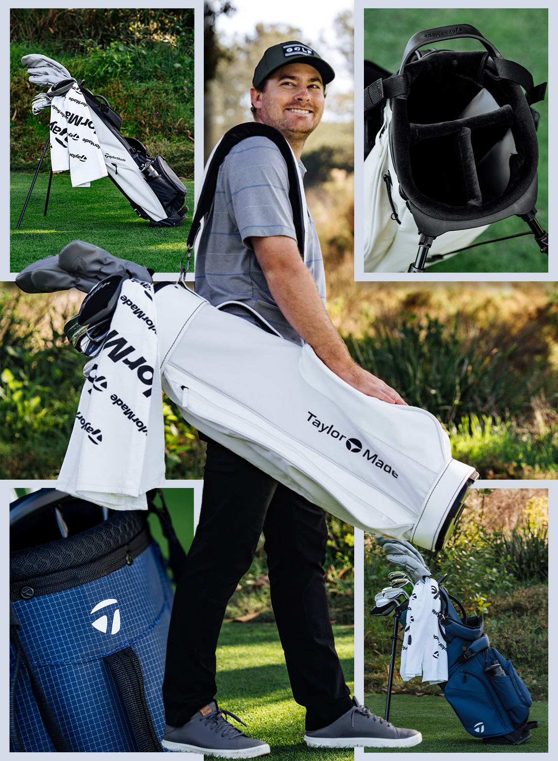 Golfer carrying the Short Course Golf Bag outdoors on course with 4 images surrounding the photo, showing additional golf bags on course