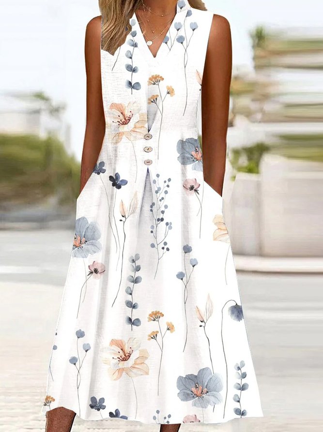 Women Floral V Neck Sleeveless Comfy Casual Midi Dress