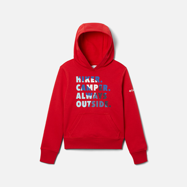 A red kids' hoodie with a graphic