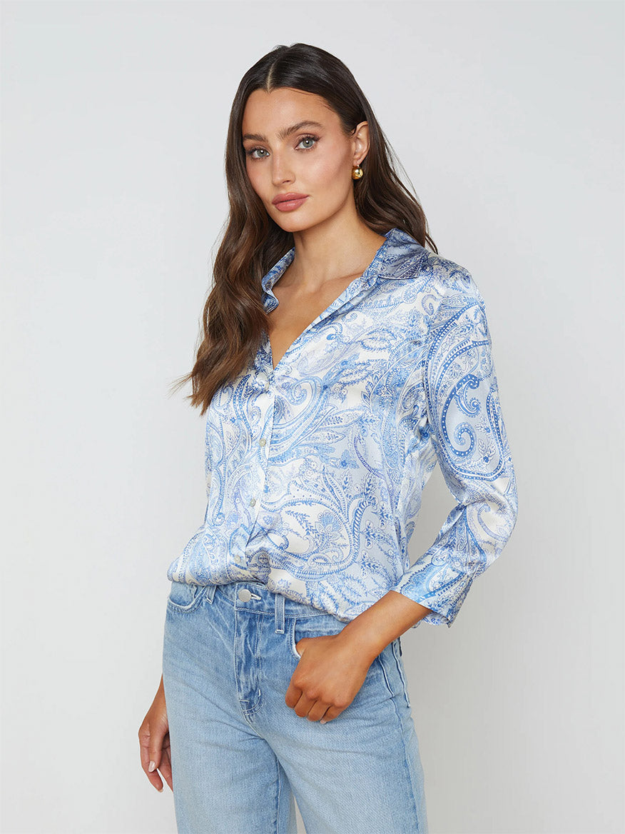 Image of L'Agence Dani Blouse in Ivory/Blue Decorated Paisley