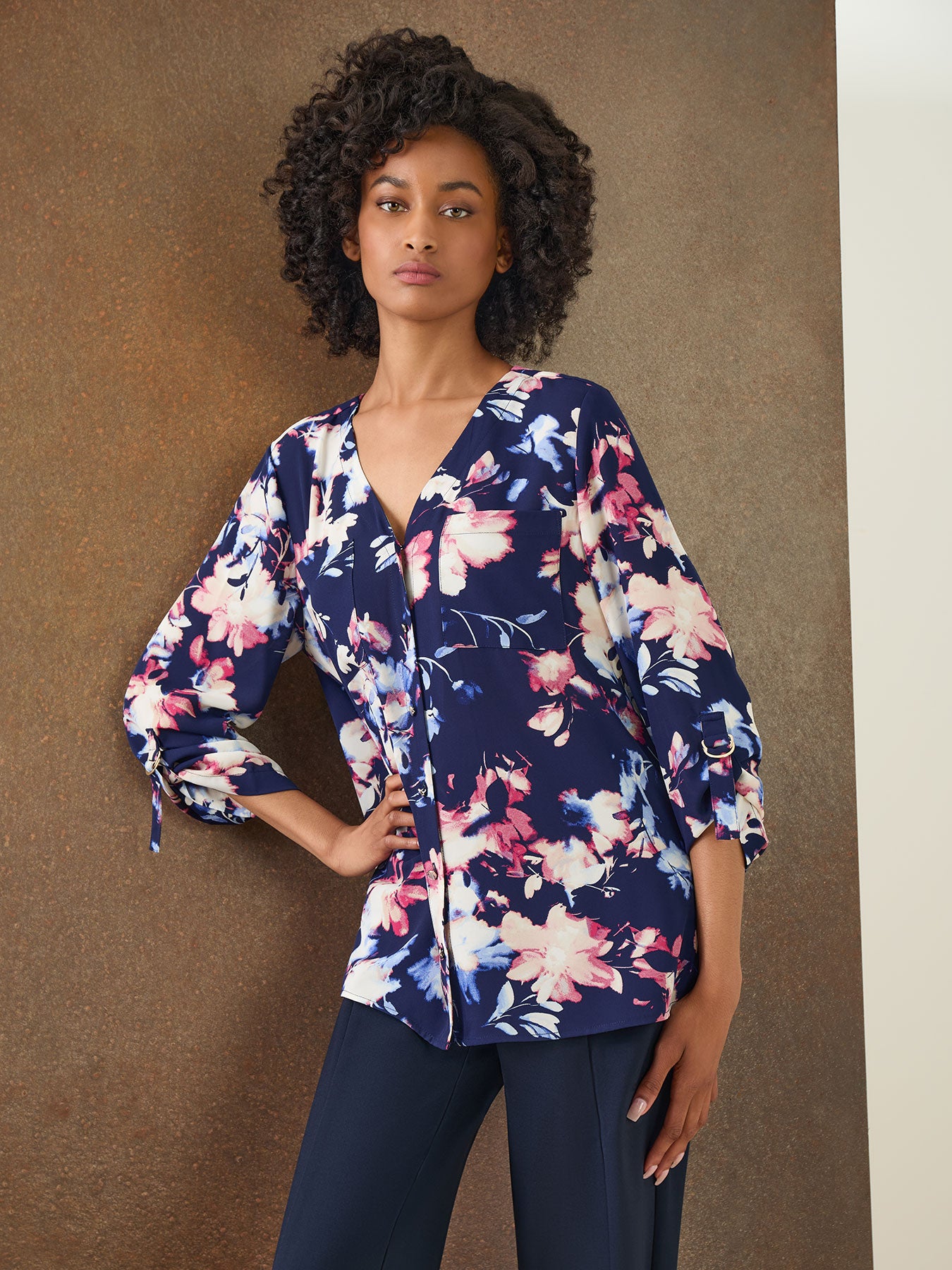 Image of Floral Button-Front Collarless Tunic, Crepe De Chine