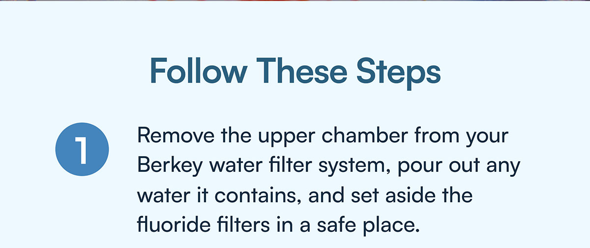 1) Remove the upper chamber from your Berkey water filter system, pour out any water it contains, and set aside the fluoride filters in a safe place.