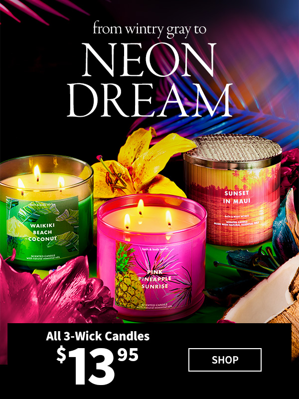 from wintry gray to neon dream All 3-Wick Candles $13.95 SHOP