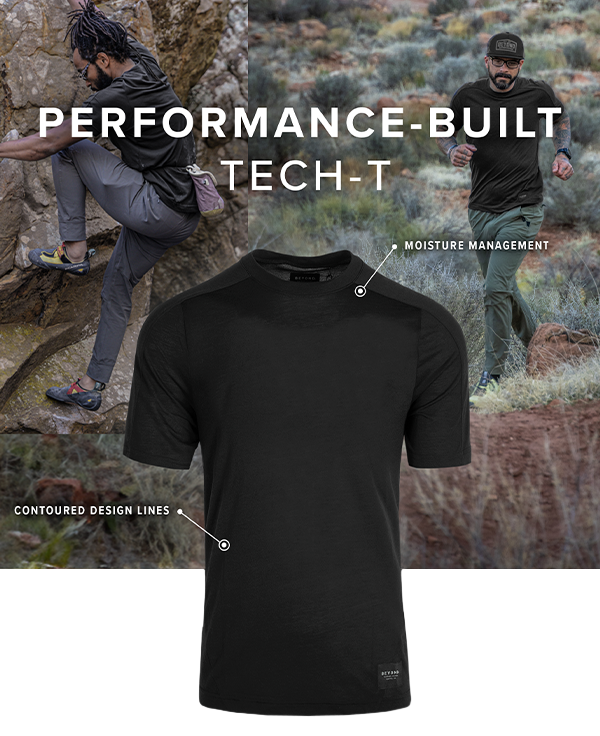 Image collage of men in the outdoors wearing the Todra SS Crew in Black. One man rock climbing and the other one trail running. Text Overlay saying "Performance-Built Tech-T"