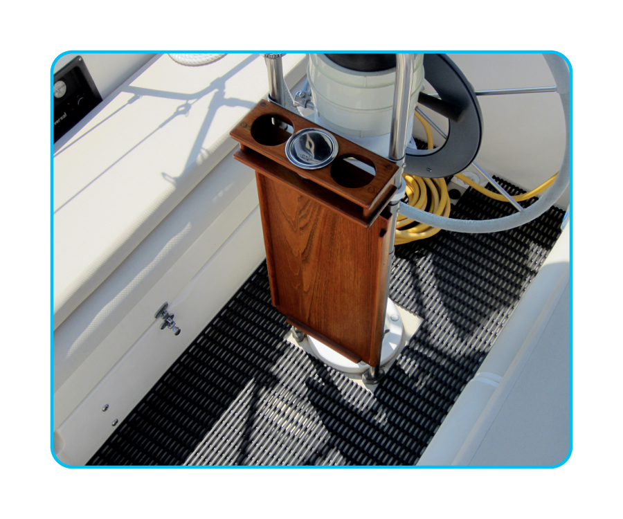 the inside of a boat with mats on the floor