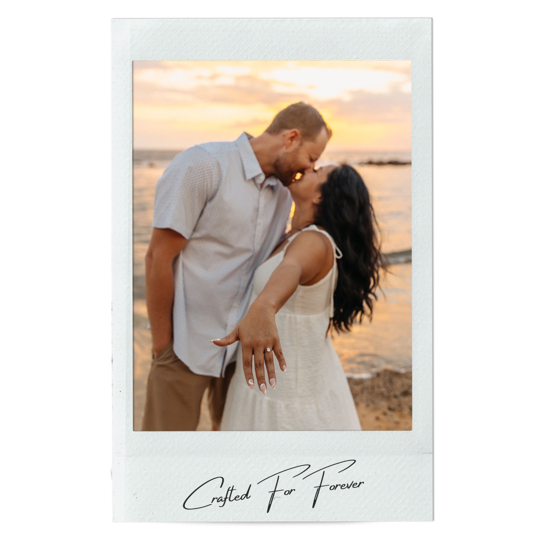 a polaroid of an engaged couple wearing a ring from RION jewelry with the text "crafted for forever" written in a calligraphy font