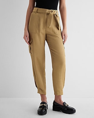 metallic shine high waisted belted cargo ankle pant