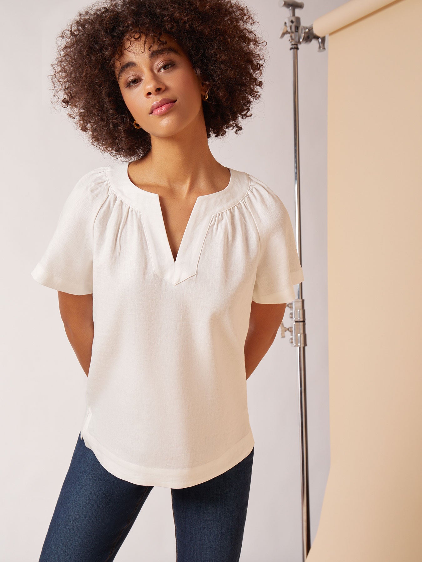 Image of Solid Linen Blend Popover Blouse