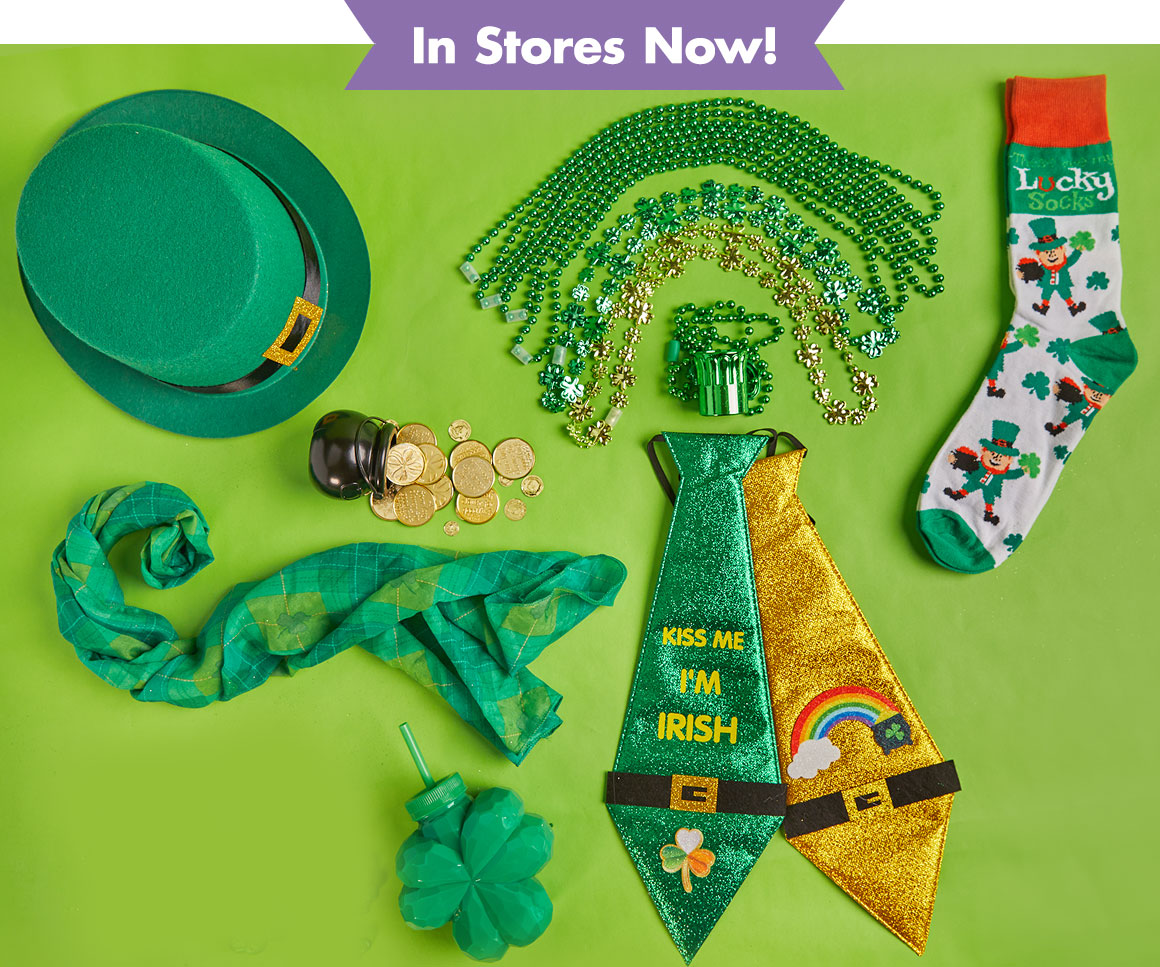 St. Patrick's Day hat, scarf, ties, and more accessories against a green background