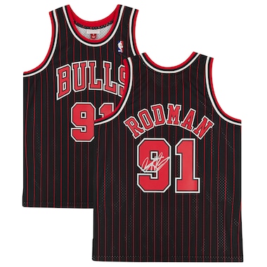 Dennis Rodman  Autographed Black and Red Pinstripe Mitchell & Ness Replica Jersey