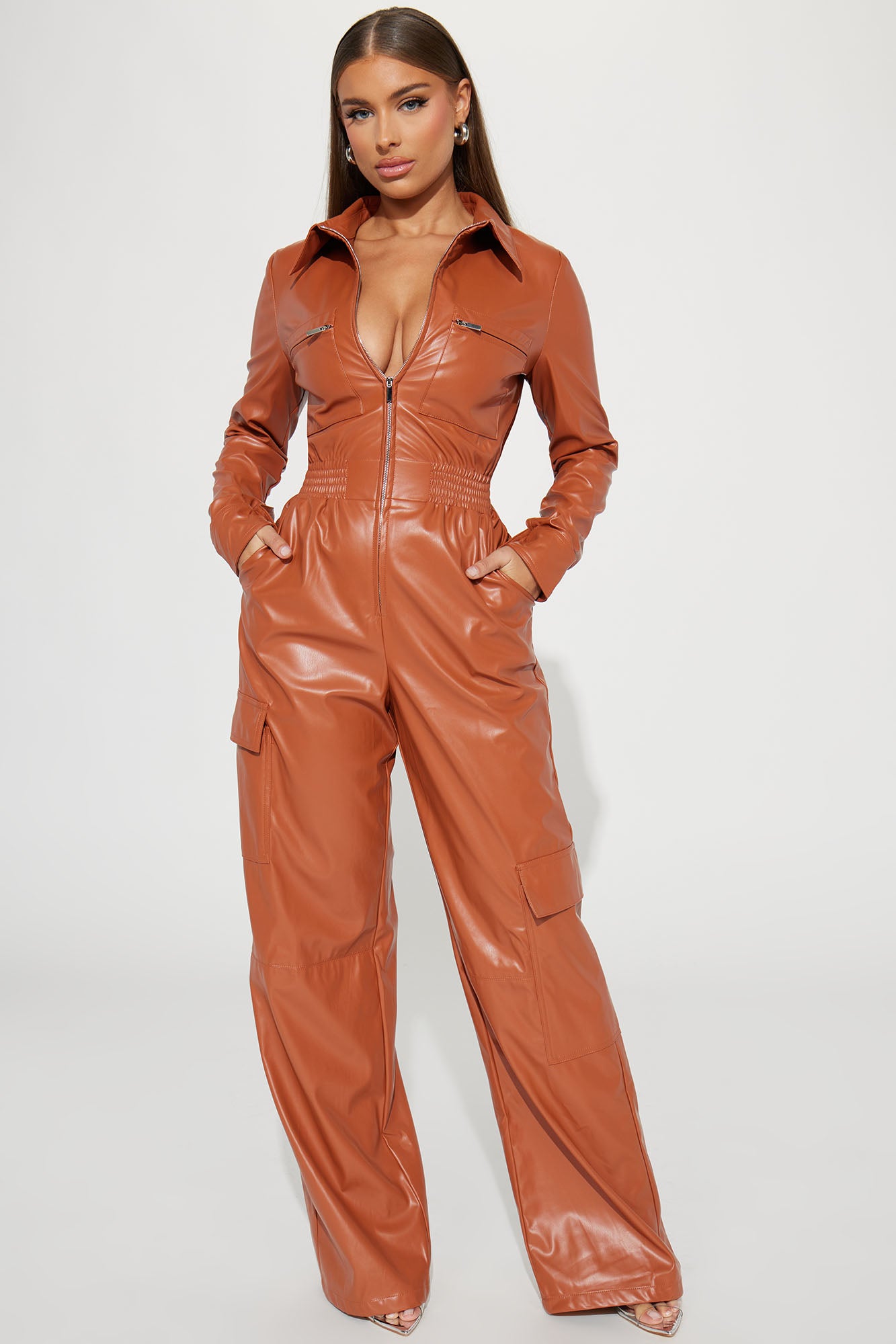 Image of Take Command Faux Leather Jumpsuit - Cognac