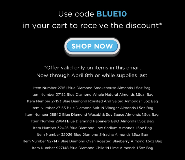 10% Off Select Single-Serve Blue Diamond Almonds