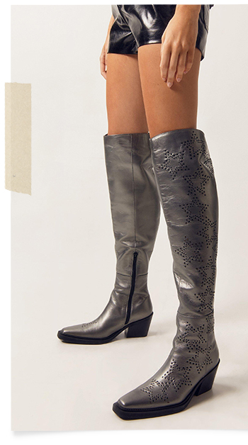 Real Leather Metallic Star Studed Over The Knee Cowboy Boots