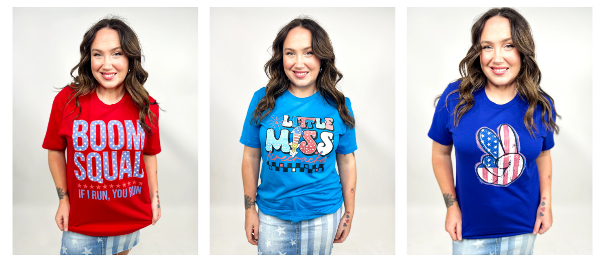 Americana collection. Boom quard, little miss firecracker, and peace sign graphic tees.